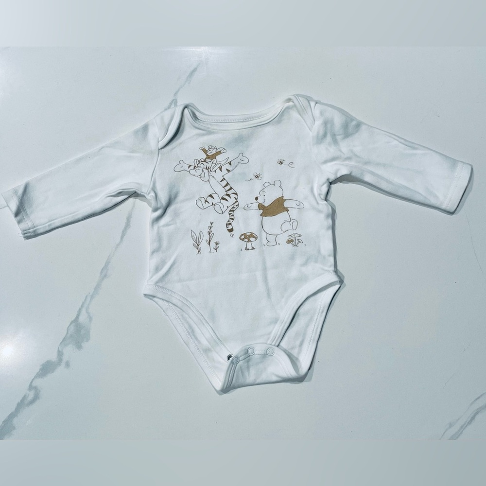 Disney Winnie The Pooh White and Brown Baby Bodysuit Long Sleeve